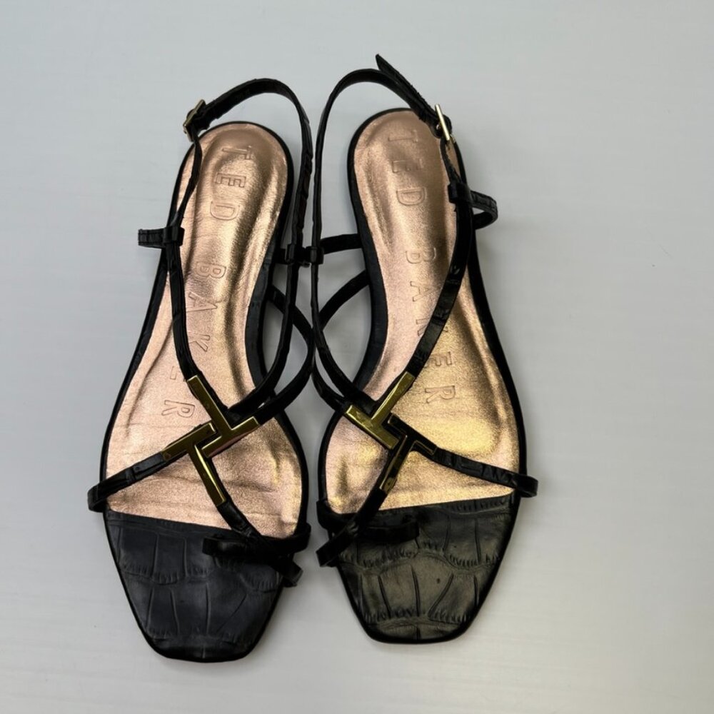 Ted Baker Sandal Women 6 Flat Ankle Strappy Leather 36.5 Work Party Logo Core Go